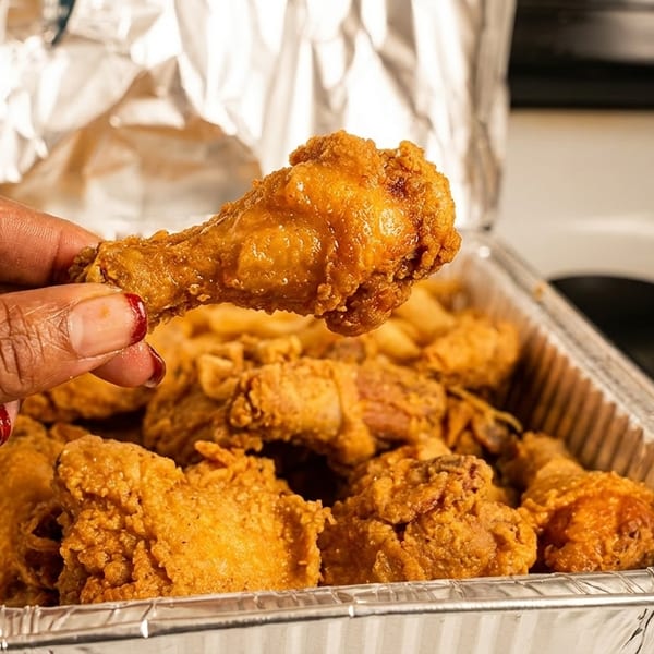 Hand holding a golden-brown fried chicken drumstick above a foil pan filled with more chicken.
