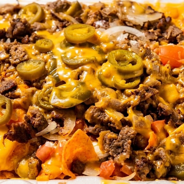 Cheesy nachos topped with ground beef, onions, tomatoes, and sliced jalapeños in a white container.