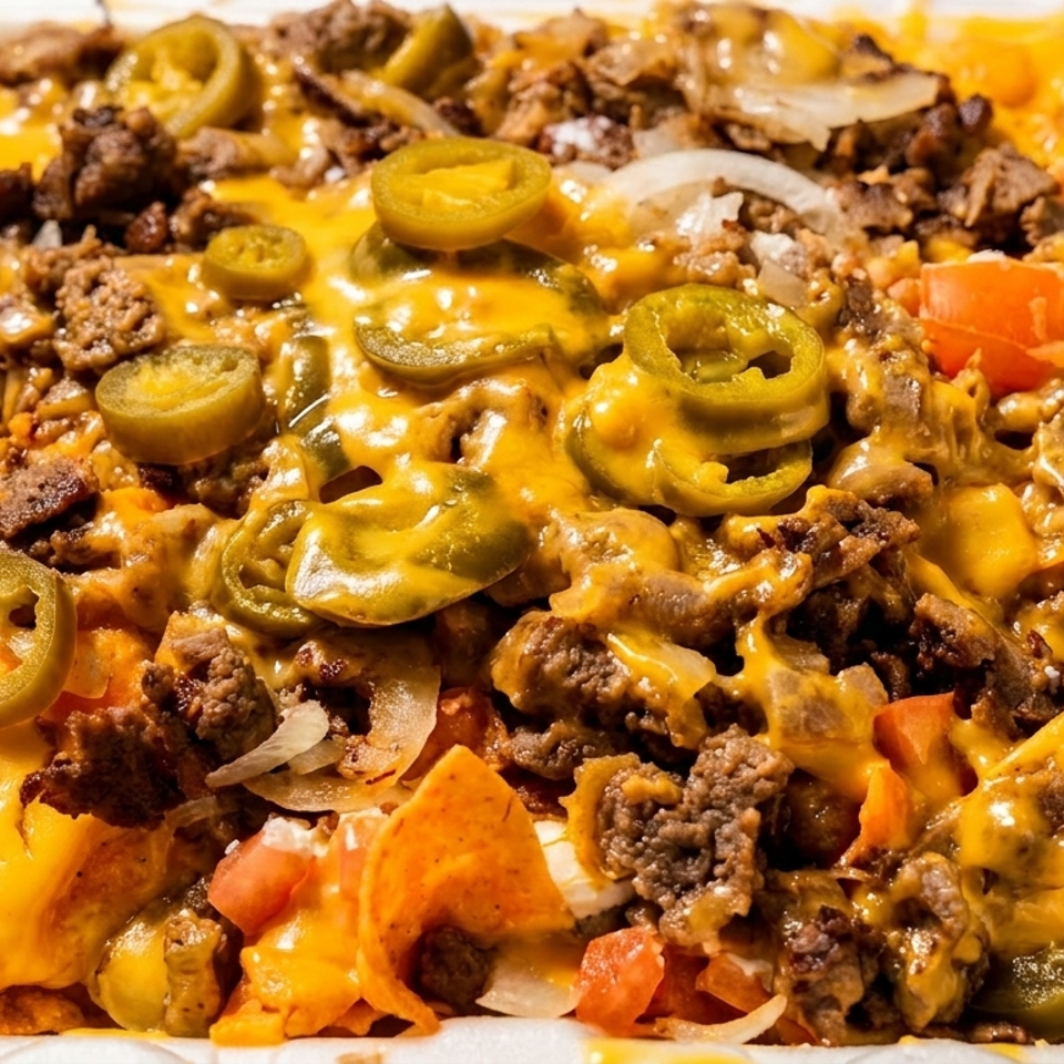 Cheesy nachos topped with ground beef, onions, tomatoes, and sliced jalapeños in a white container.