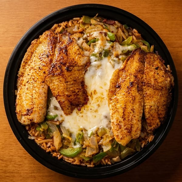 Blackened fish fillets with melted cheese, rice, and vegetables in a black bowl on a wooden table.